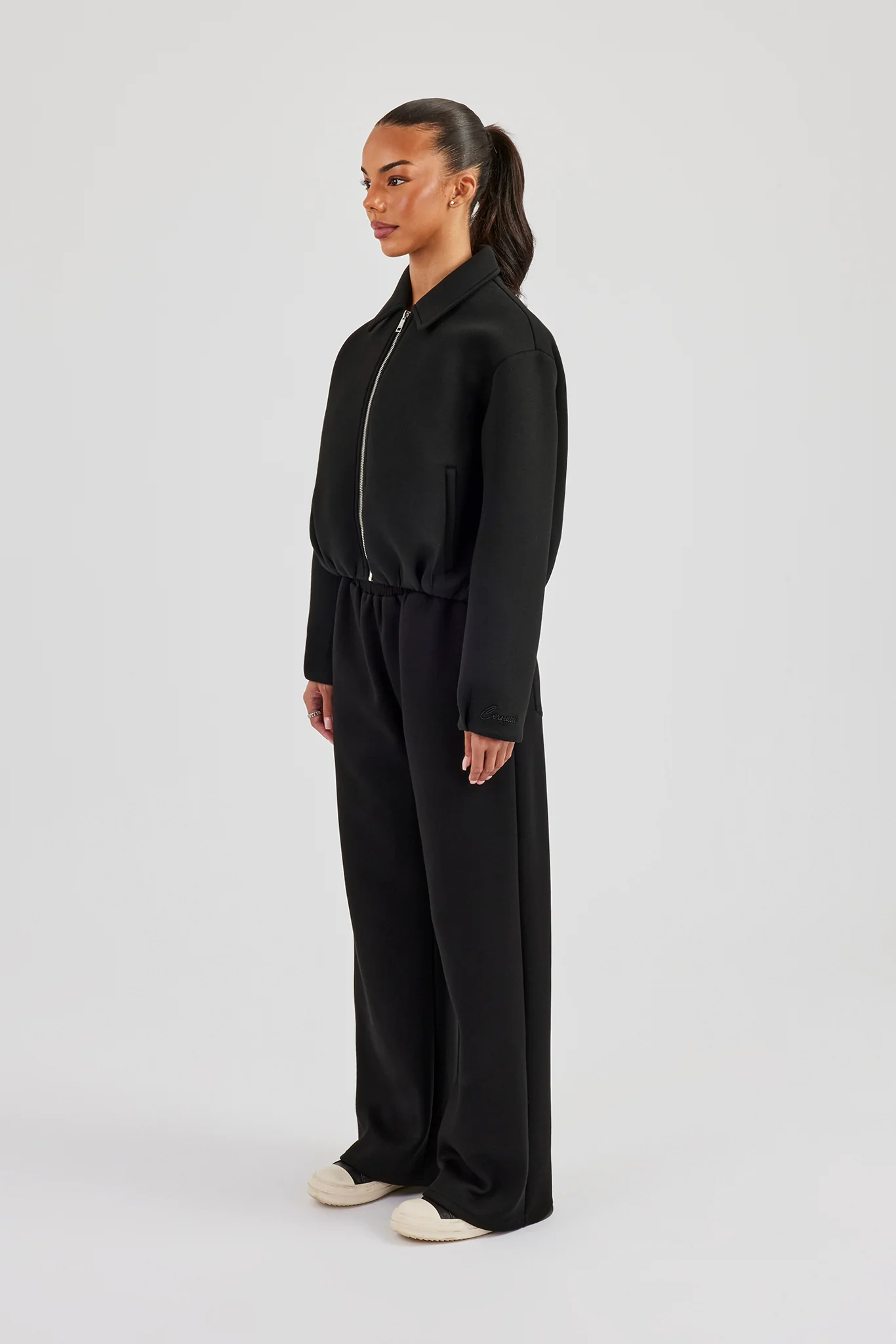 Women's Scuba Harrington Jacket & Wide Leg Jogger - Black - Image 2