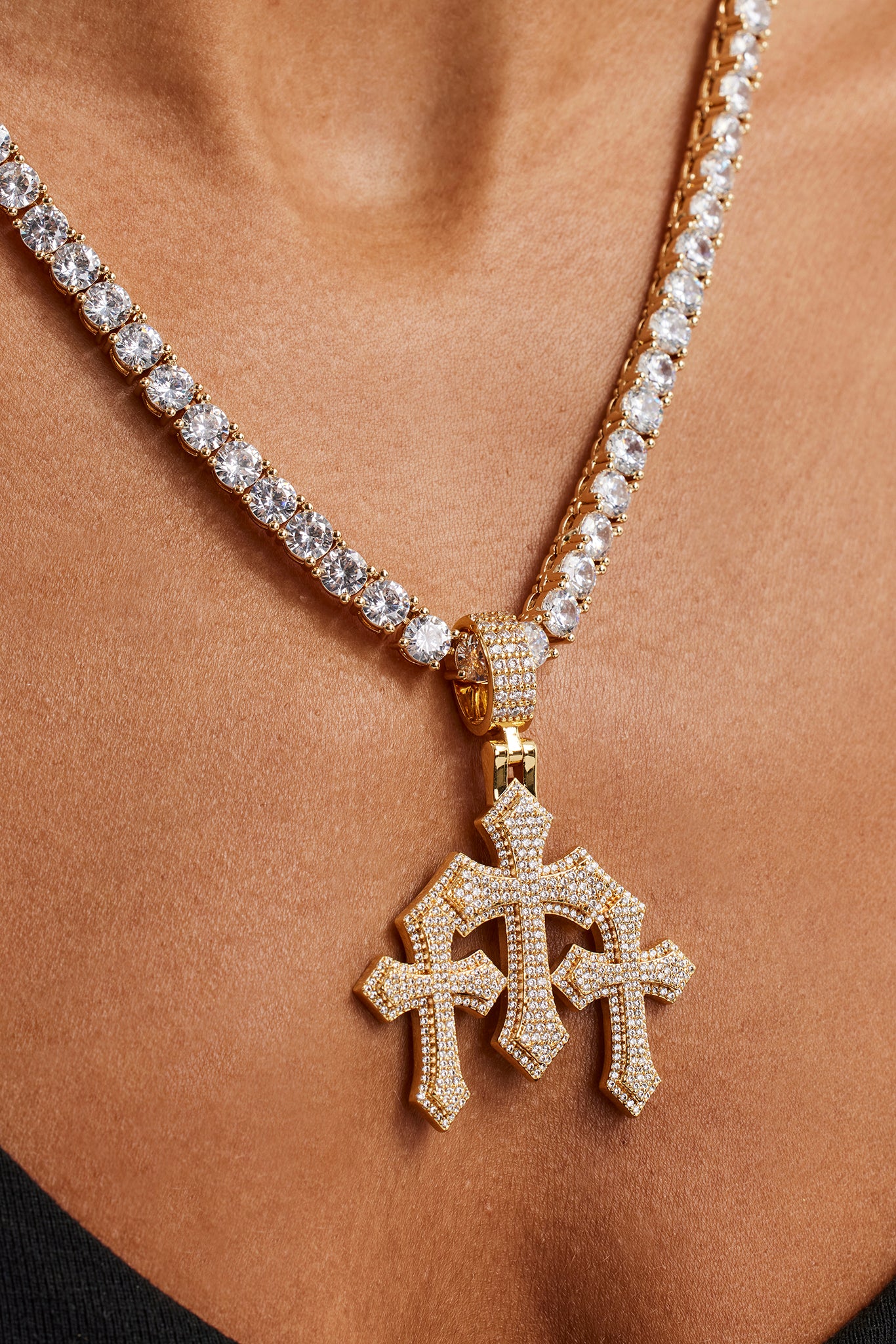 Women's Triple Cross Pendant & 5mm Tennis Chain - Gold - Image 2