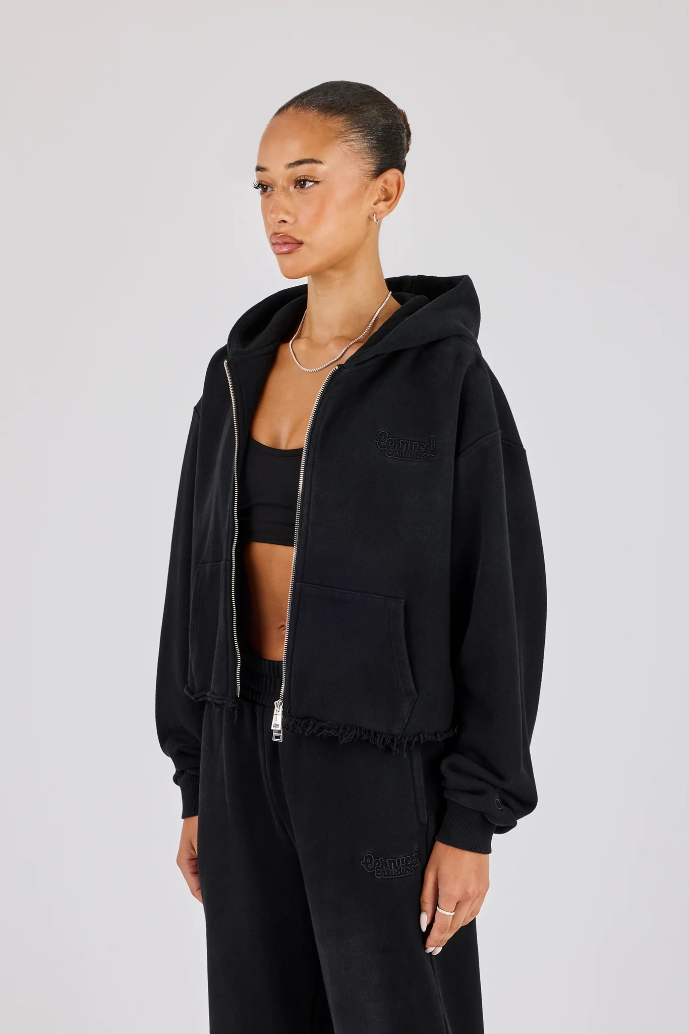 Womens Washed Boxy Fit Zip Through Hoodie - Black - Image 3