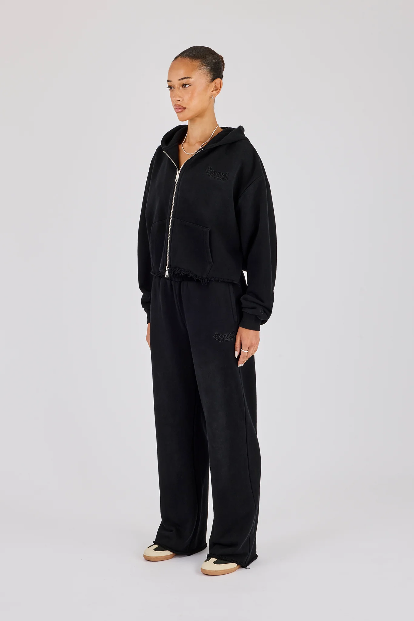 Womens Washed Boxy Fit Zip Through Hoodie & Wide Leg Jogger  - Black - Image 3