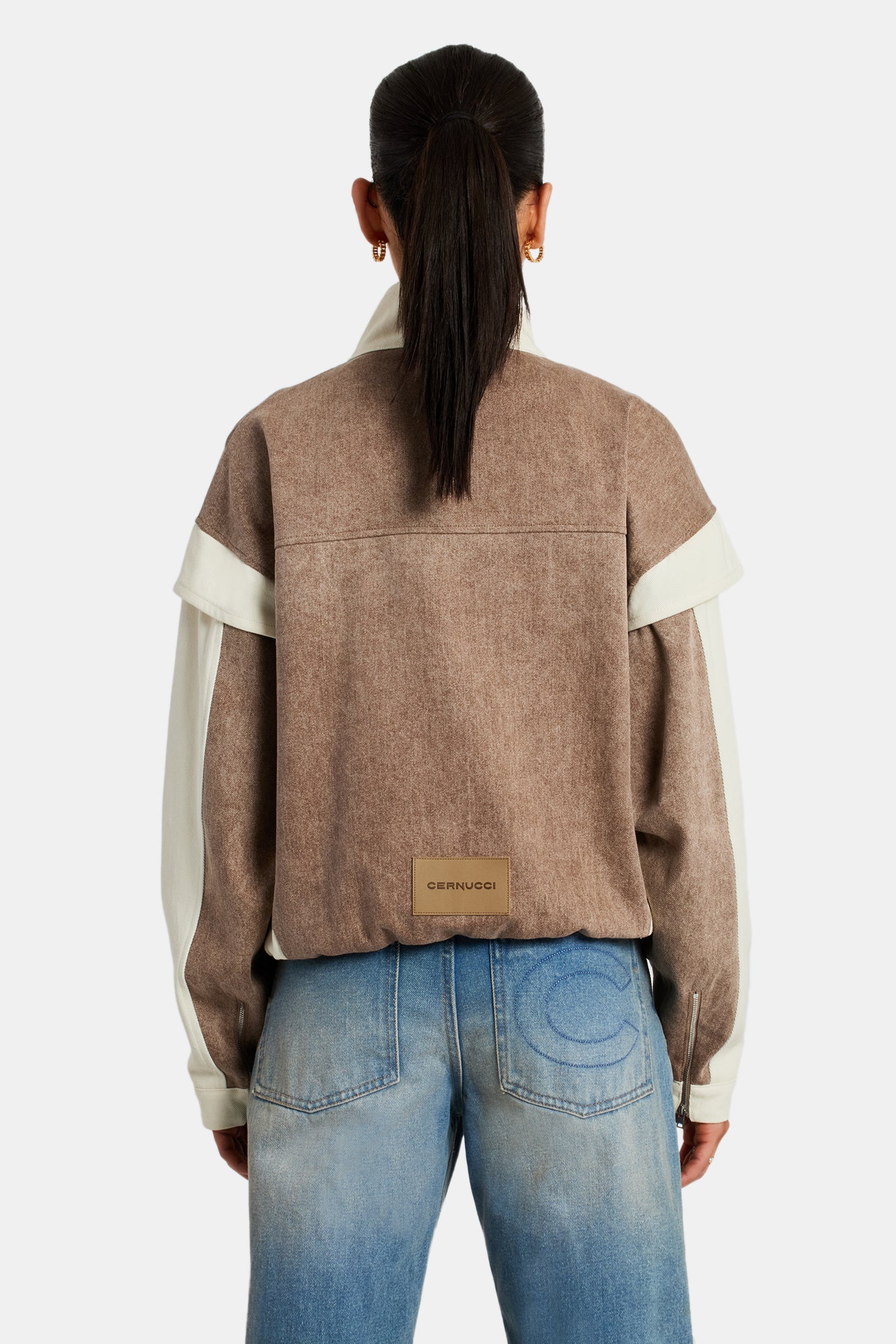 Womens Washed Denim Moto Jacket - Brown - Image 3