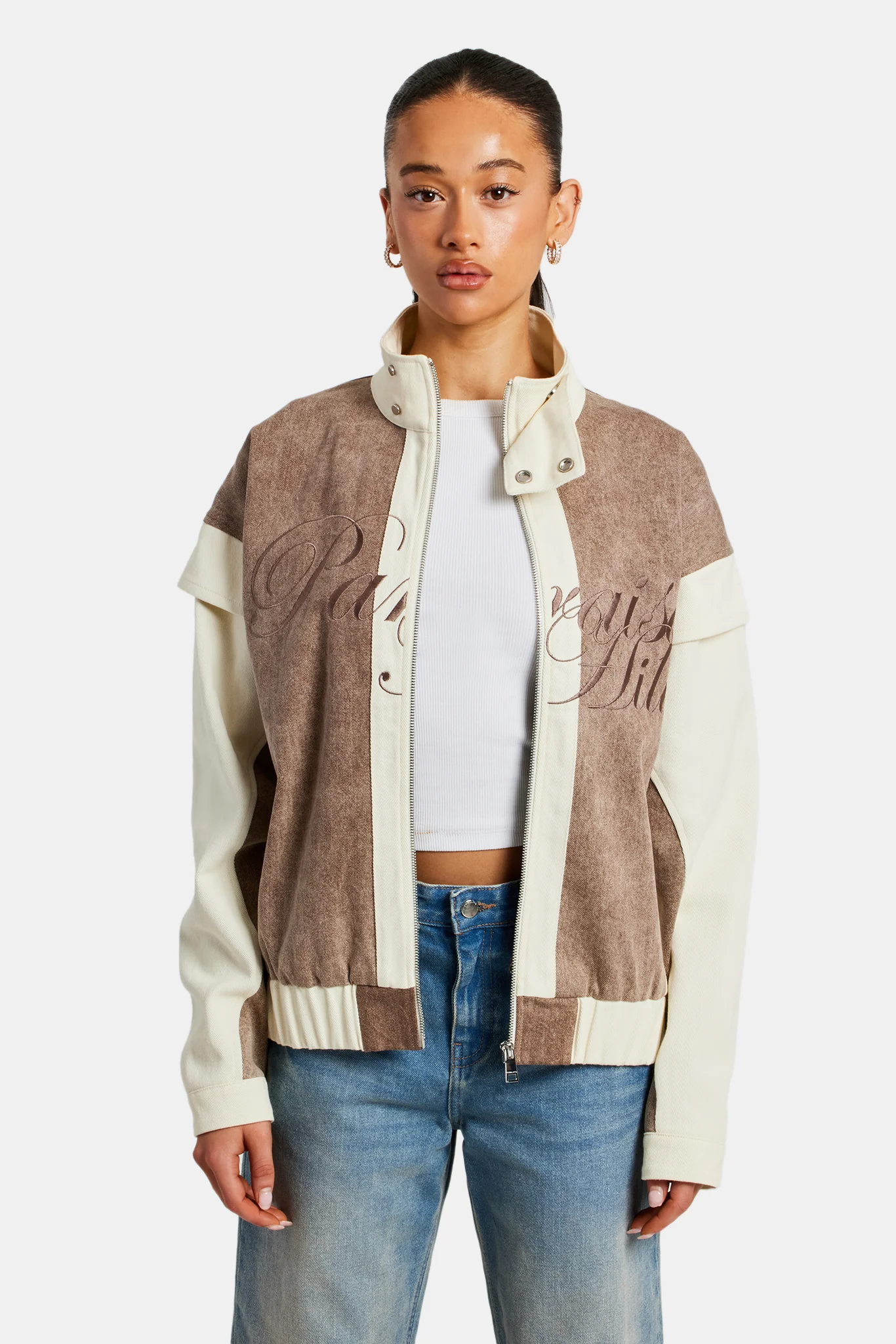 Womens Washed Denim Moto Jacket - Brown - Image 4