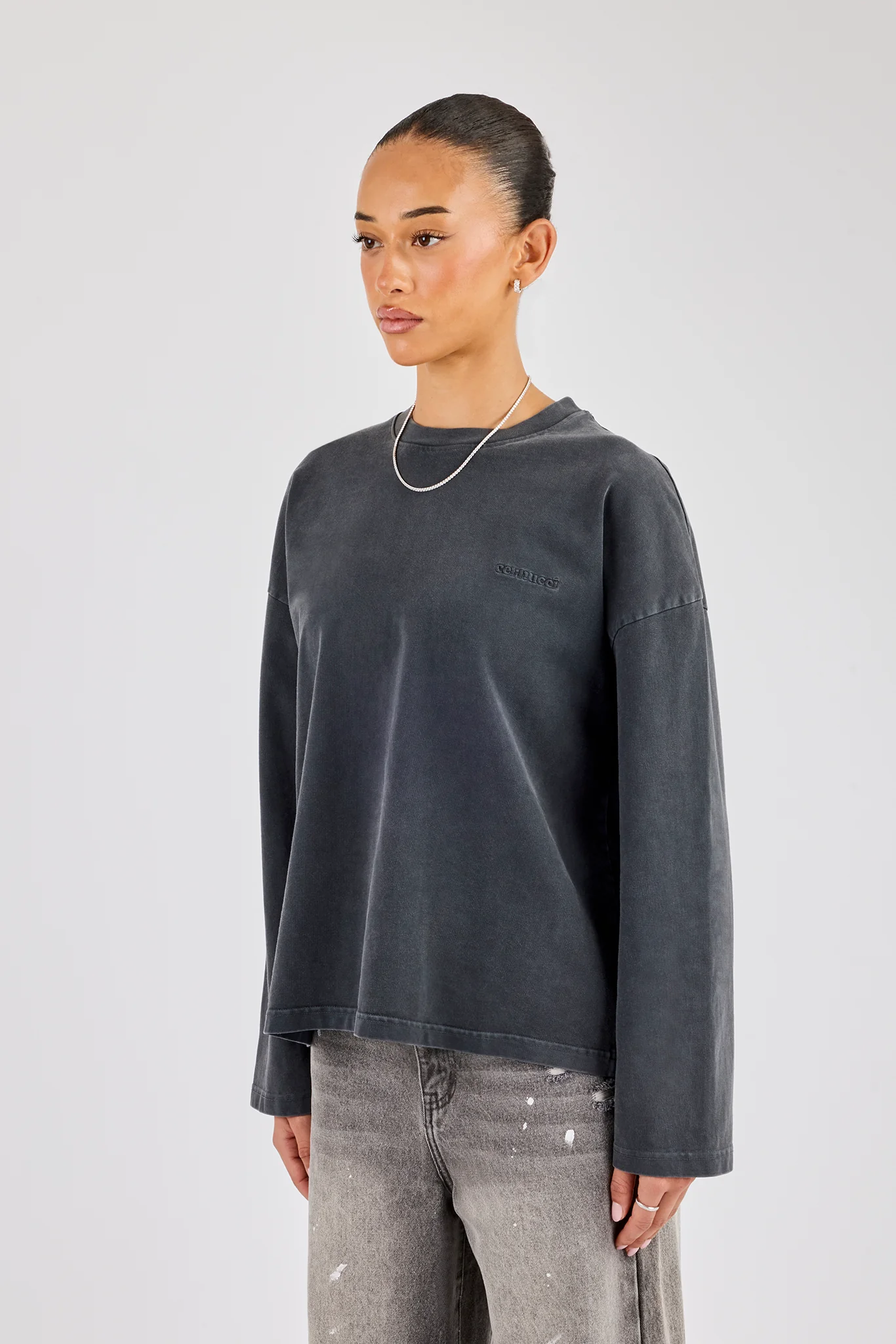 Womens Washed Long Sleeve T-Shirt - Charcoal - Image 2
