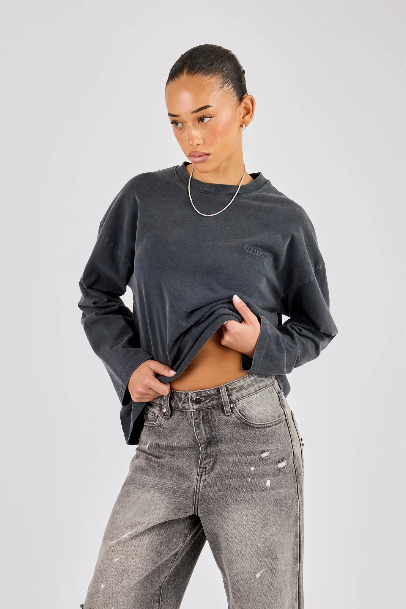 Womens Washed Long Sleeve T-Shirt - Charcoal - Image 3