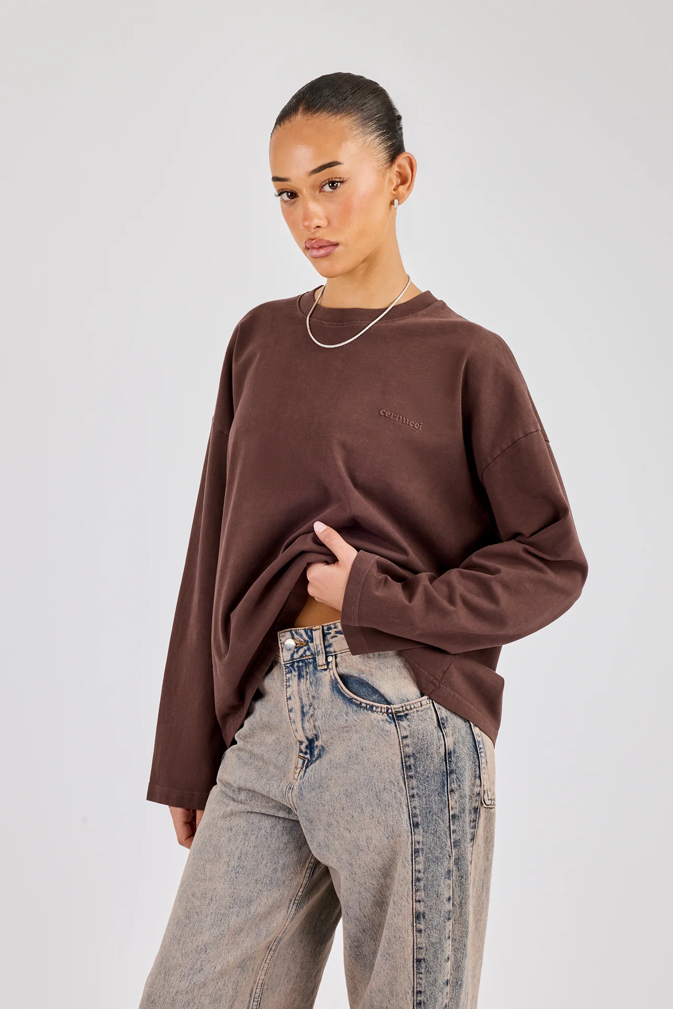 Womens Washed Long Sleeve T-Shirt - Chocolate - Image 2