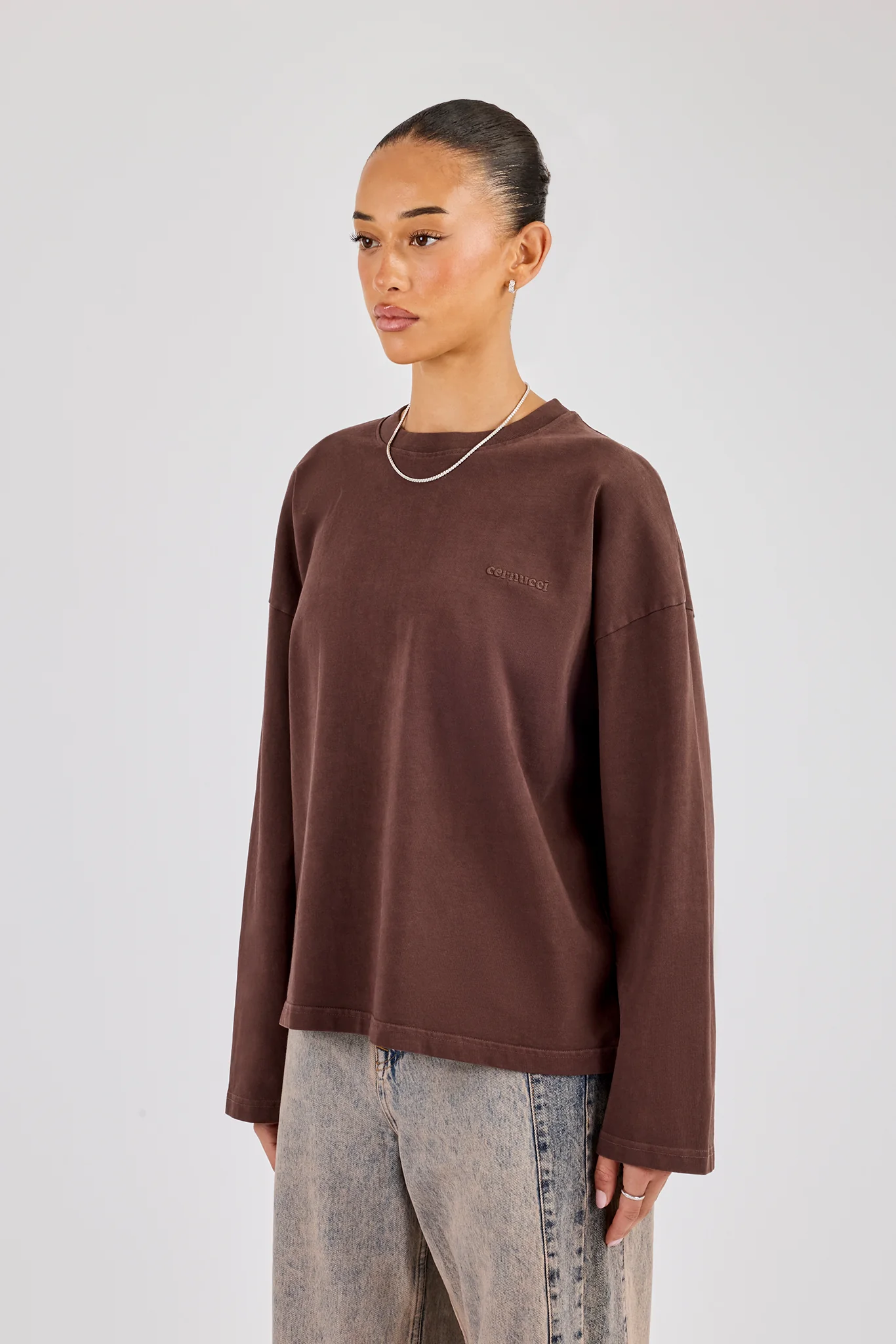 Womens Washed Long Sleeve T-Shirt - Chocolate - Image 3