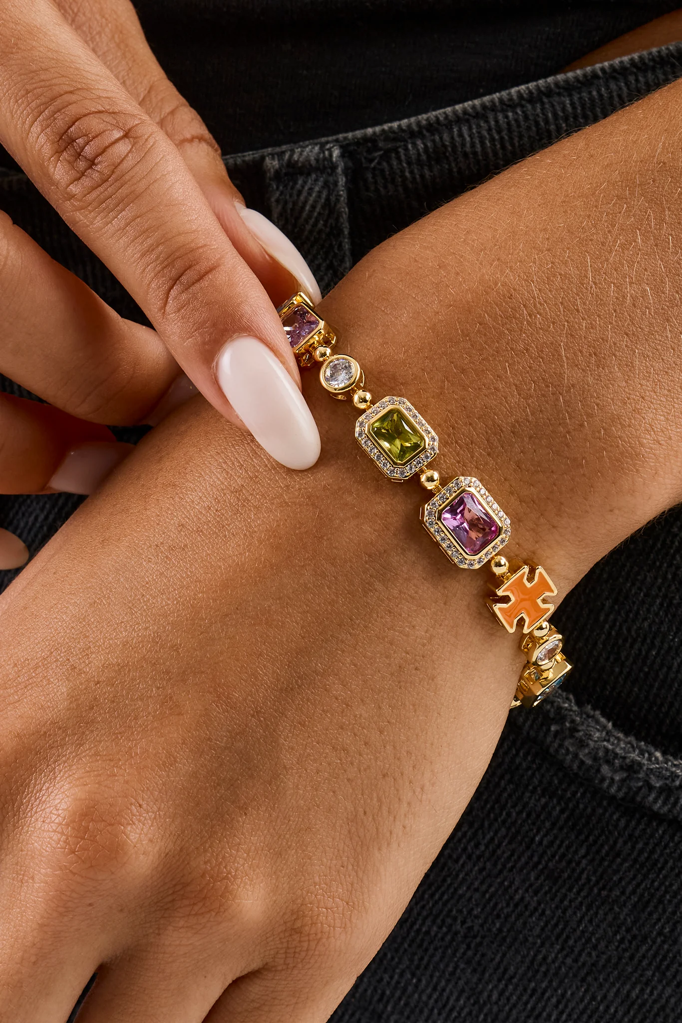 Pink Multi Gemstone Motif Bracelet - Gold - 10mm - Image 2