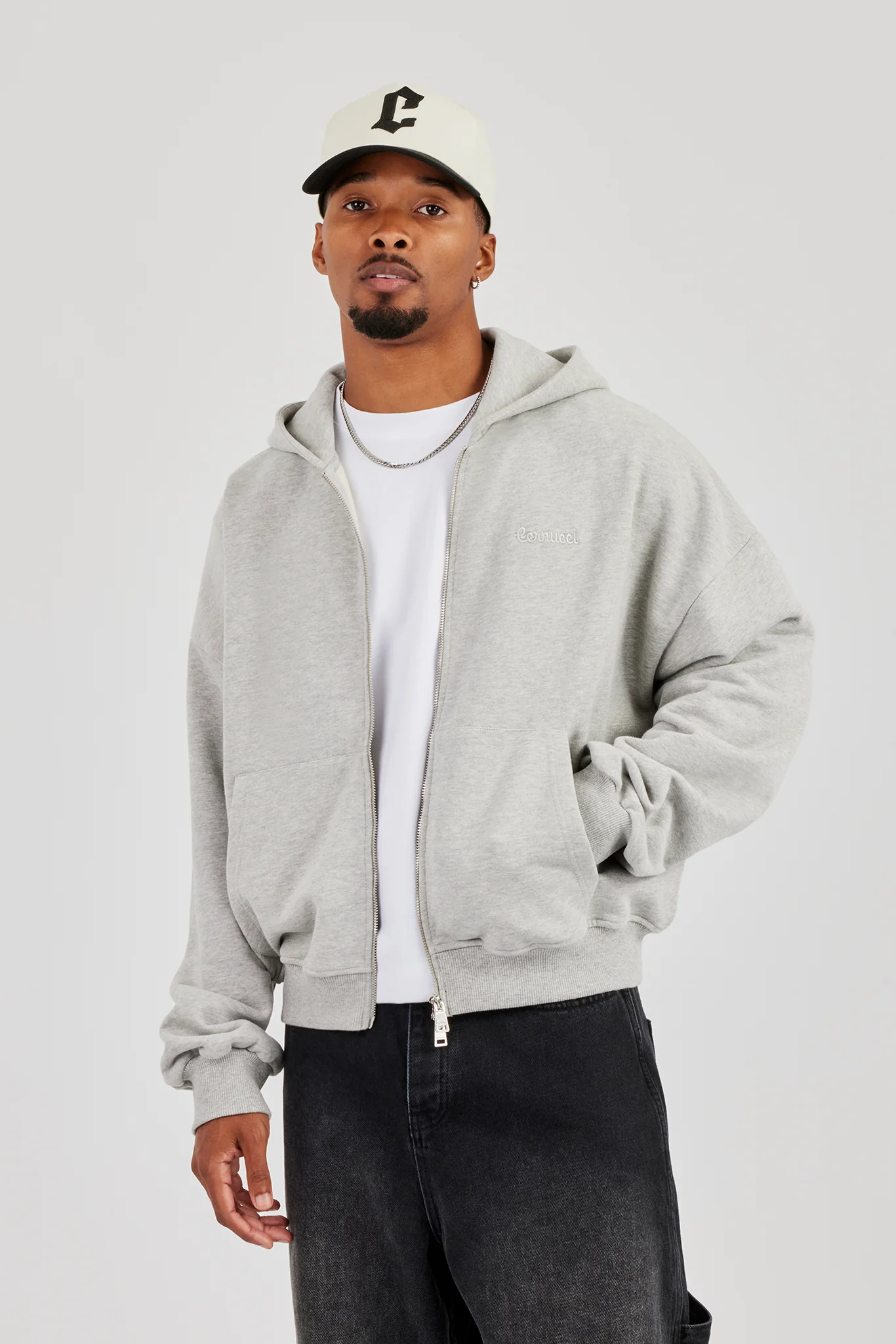 Zip Through Boxy Hoodie - Grey Marl