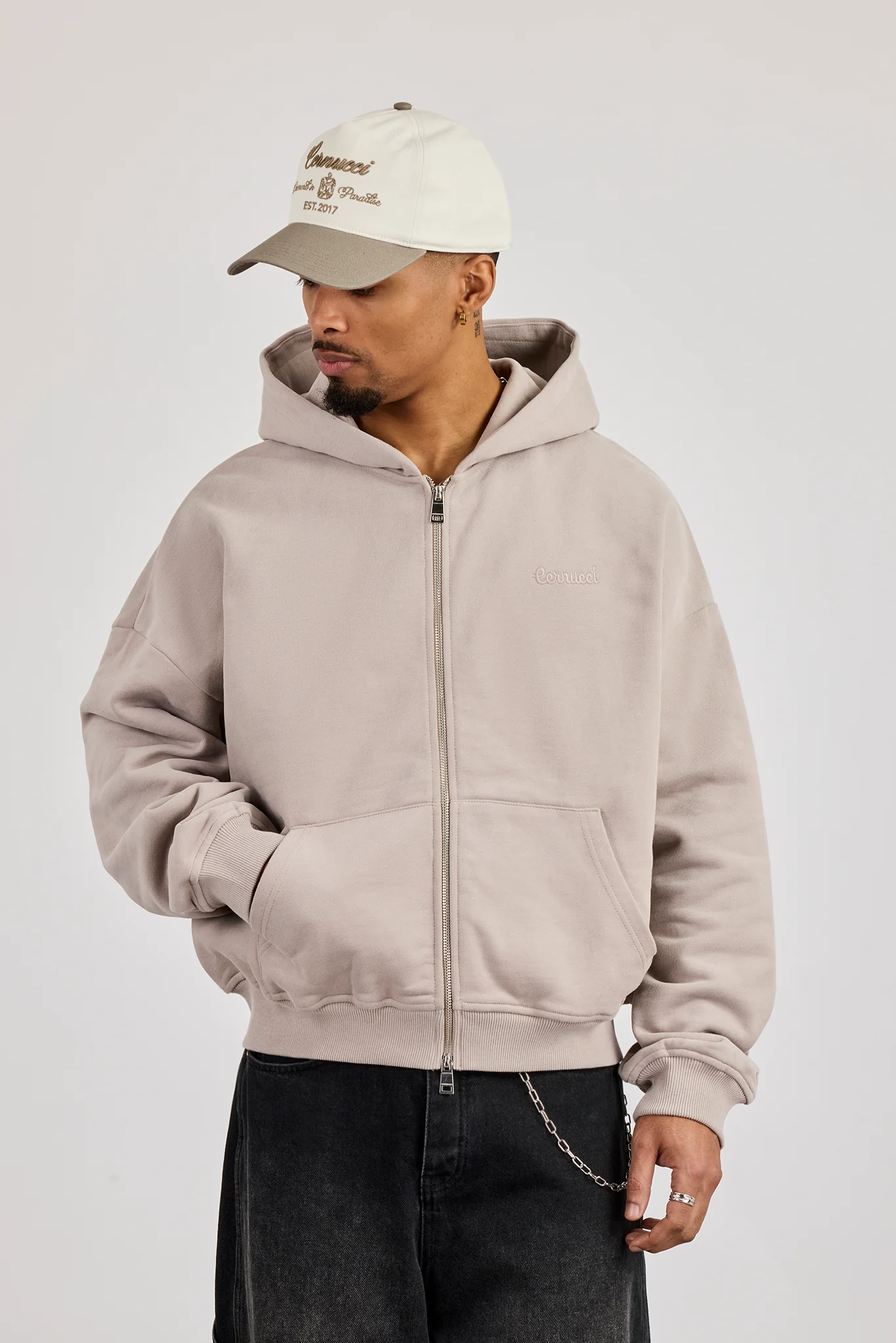 Zip Through Boxy Hoodie - Stone - Image 5