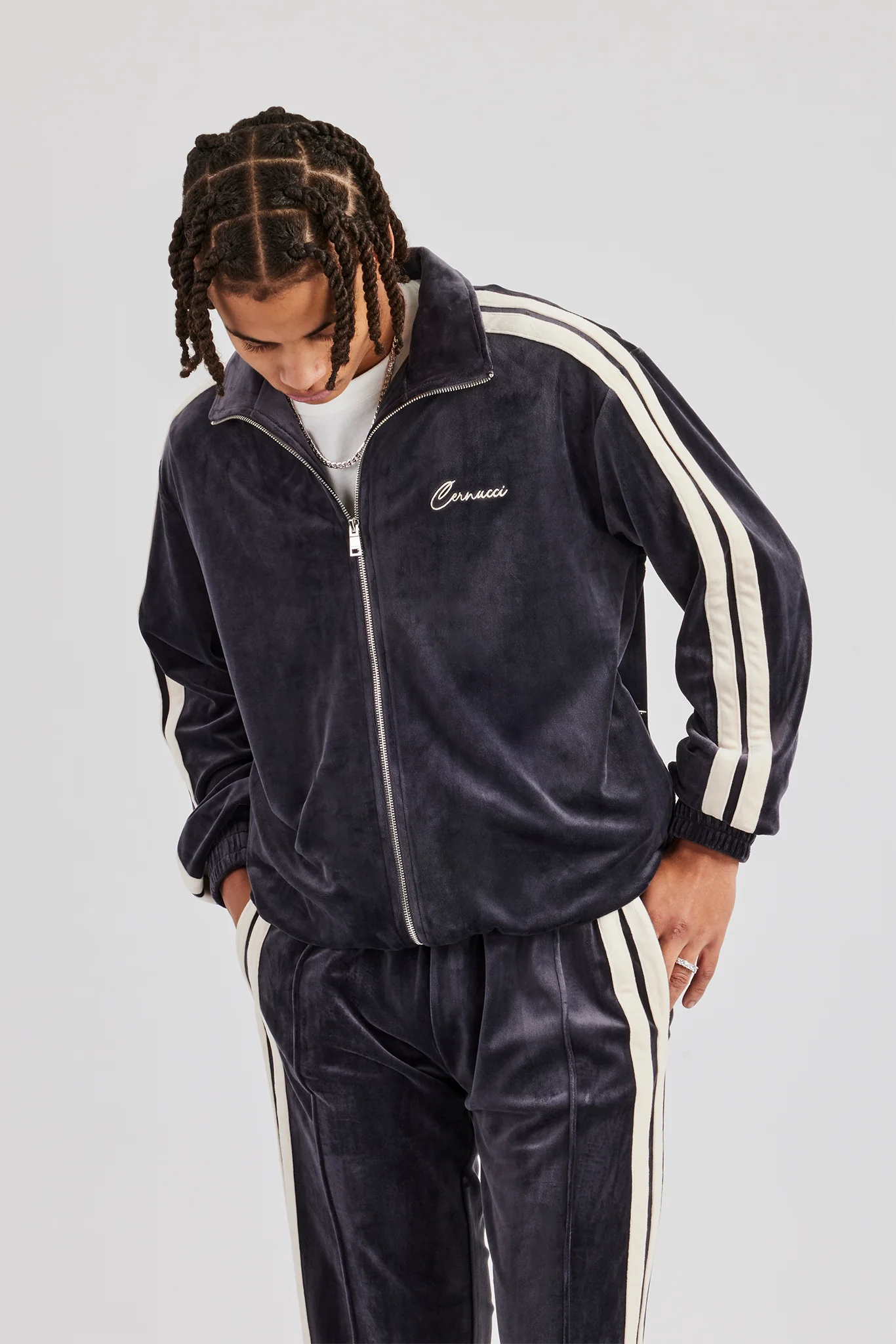 Zip Through Taping Velour Track Jacket - Charcoal