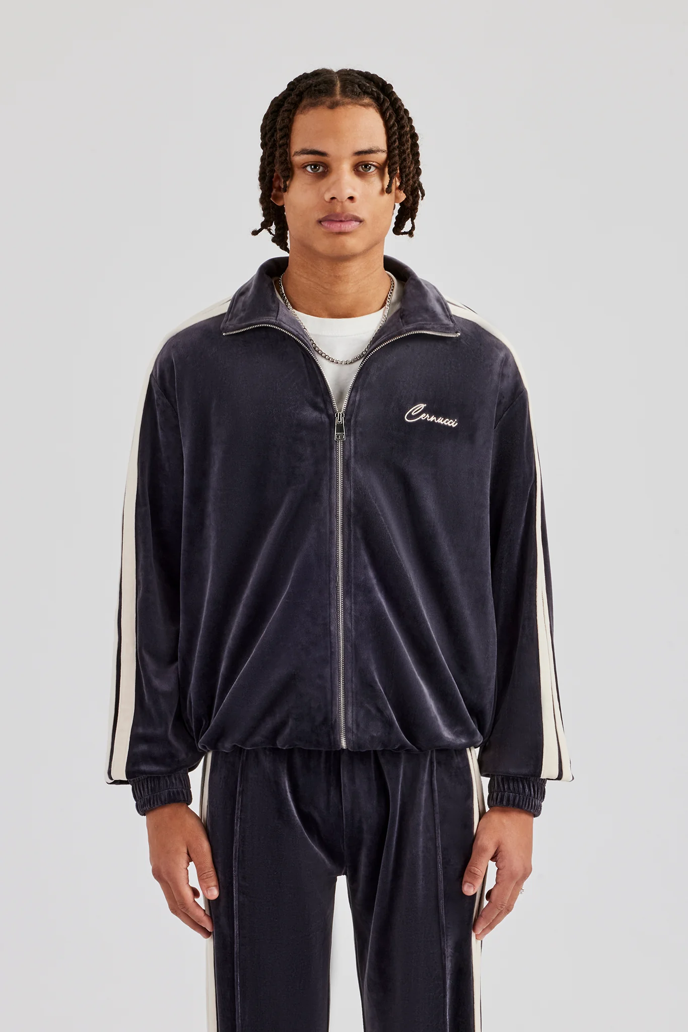 Zip Through Taping Velour Track Jacket - Charcoal - Image 2