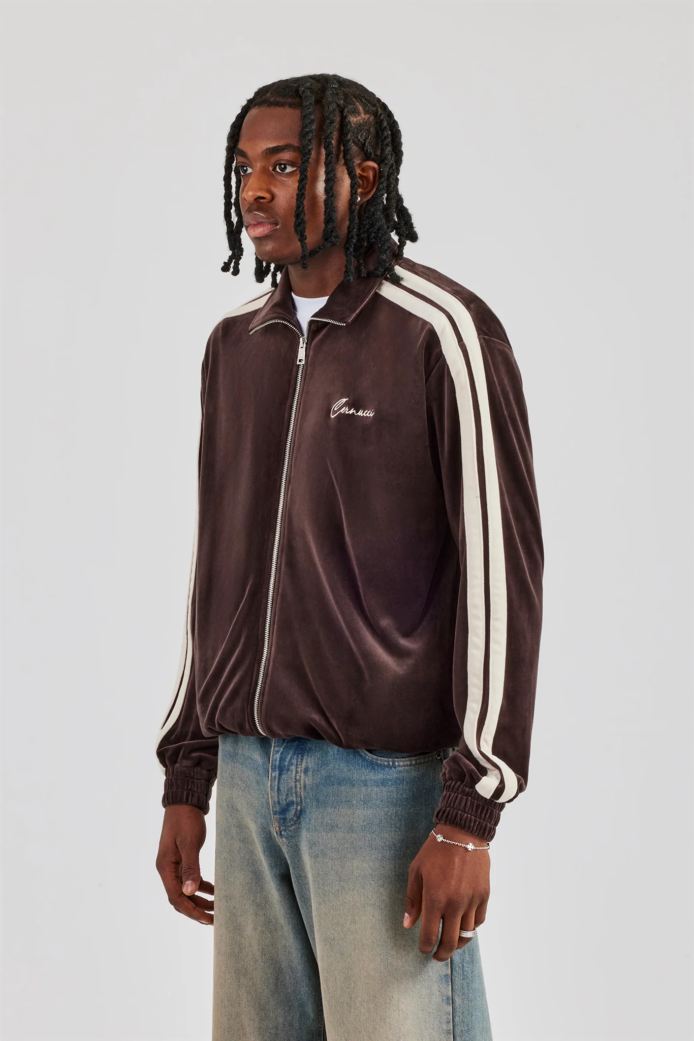 Zip Through Taping Velour Track Jacket - Chocolate - Image 2