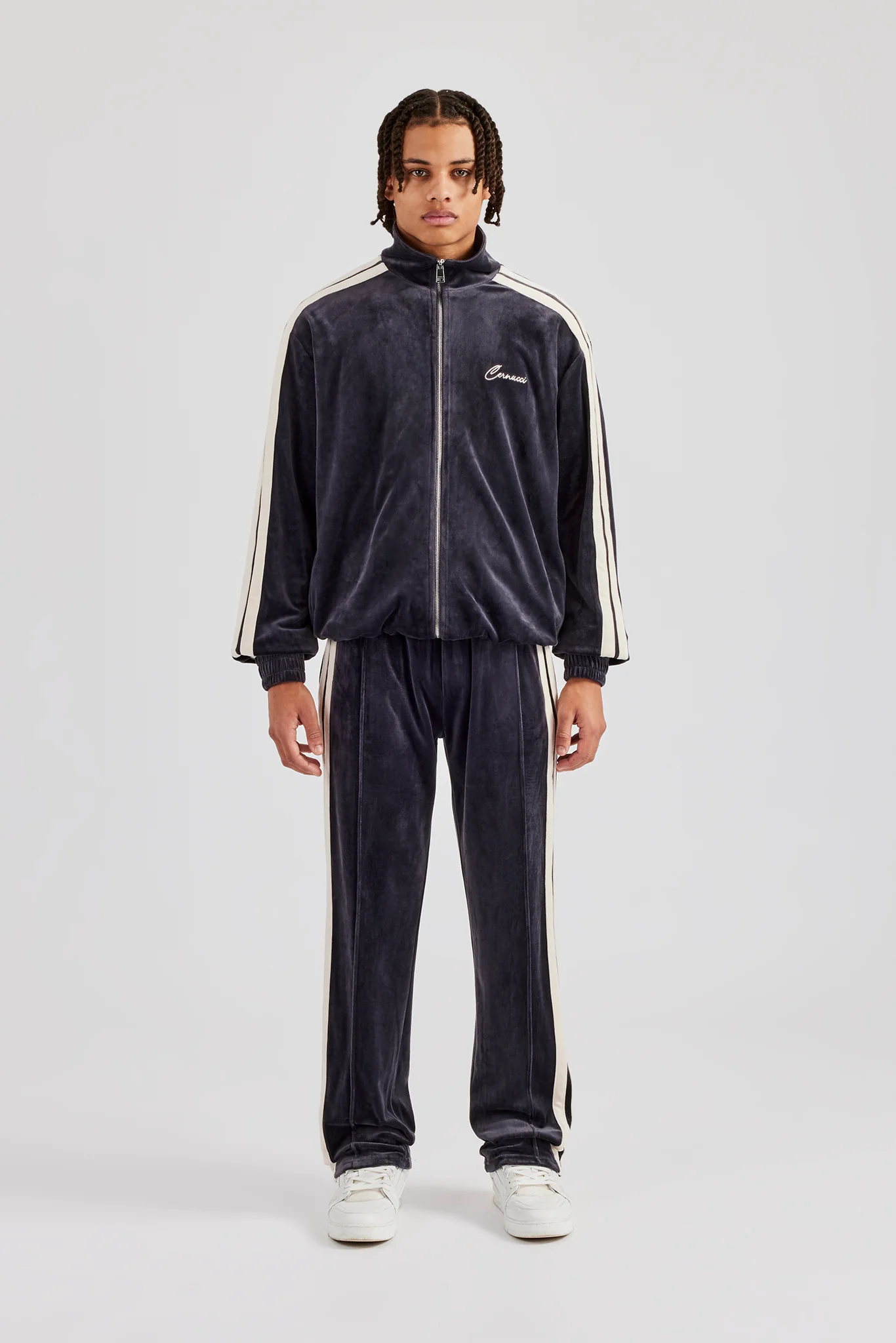 Zip Through Taping Velour Tracksuit - Charcoal - Image 2