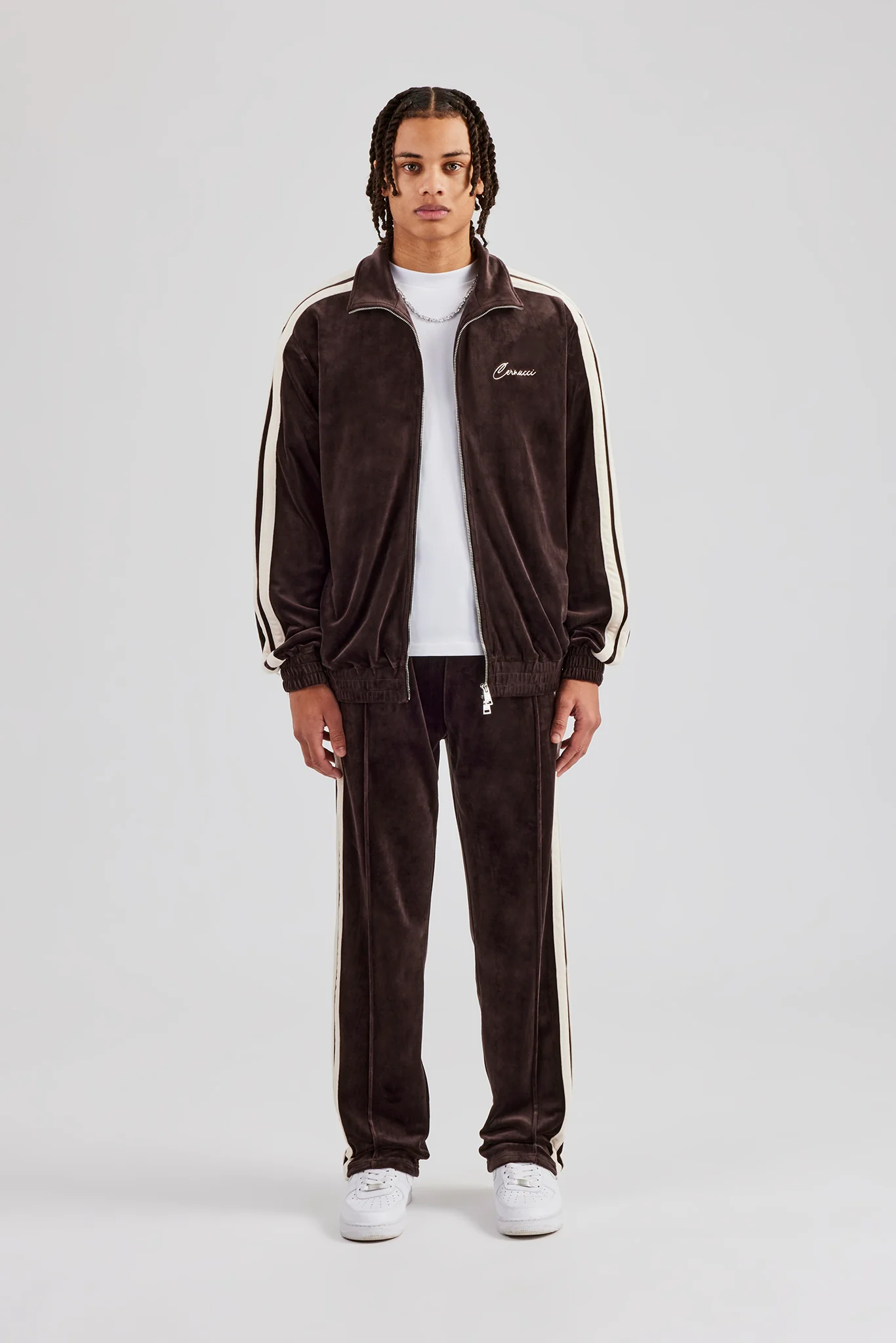 Zip Through Taping Velour Tracksuit - Chocolate - Image 4